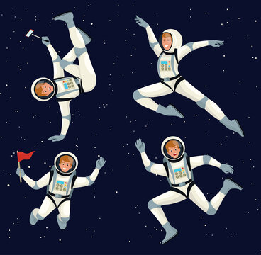 Astronaut In Space Suit Floating In Open Space In Different Positions Set. Huge vector clip art hand drawn astronaut collection. Spaceman cosmonaut science icon space set