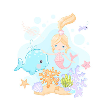 Cute little mermaid and whale vector clip art on white background