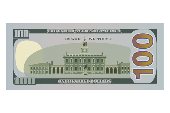 One hundred dollar bill, new design. 100 US dollars banknote, reverse side. Vector illustration of USD isolated on a white background