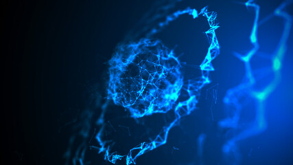 Abstract circle wave with moving dots and lines. Flow of particles. Cyber technology illustration. 3d rendering