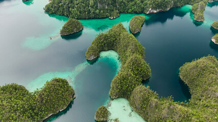 Raja Ampat Islands: Triton Bay With Turquoise Sea And Green Tropical Trees. Aerial View Of Wide Angle Nature; Pacific Ocean And Beautiful Landscape In Papua, Indonesia.