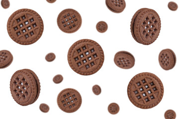 Set of falling delicious chocolate cookies on white background. Banner design