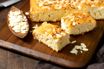 Biscuit cake. Traditional Norwegian pie. Cake with cinnamon and almond petals. Scandinavian pastries