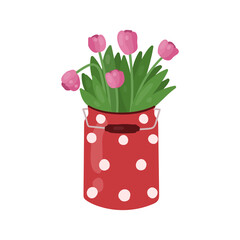 Tulips in a pot with polka dots. Gardening vector hand drawn illustration.