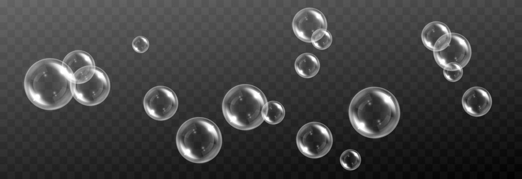 Vector soap bubble. Realistic soap bubble png, glare. Foam bubbles png. Powder, soap, detergent. Vector image.	