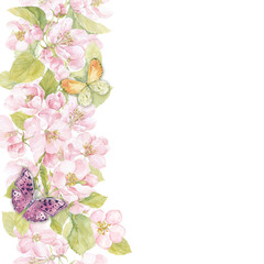Floral watercolor background with blooming apple tree branches, butterflies and place for text on white. Invitation, greeting card or an element for your design. Vertical composition.