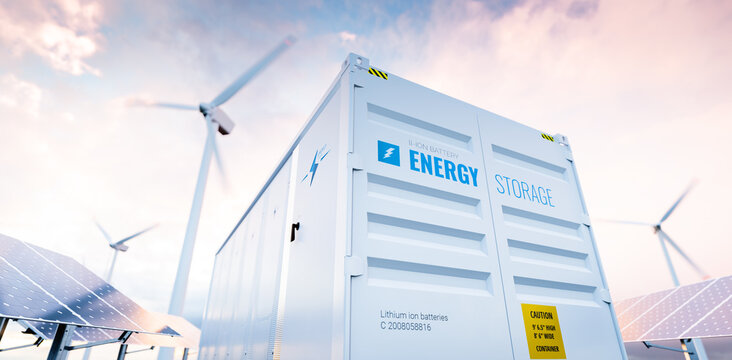 Conceptual image of a modern battery energy storage system with wind turbines and solar panel power plants in background. 3d rendering