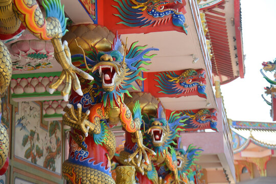 Beautiful Dragon Sculpture in Wihan Thep Sathit Phra Kitthi Chalerm Shrine (Nacha Sa Thai Chue Shrine or Naja Shrine) Bang Sean, Chonburi, Thailand