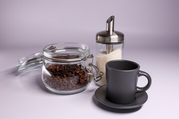 Cup, glass jar and sugar bowl on white background