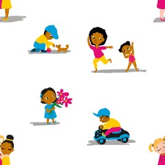 Different multinational babies in different poses. Many little boys and girls, seamless pattern	