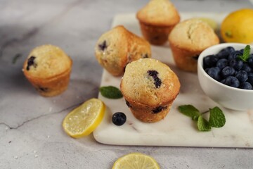 Homemade Lemon Blueberry Muffins, selective focus
