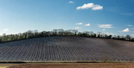 Landscape of Chiltern Hills near Chesham with a view on a frosty field, England 