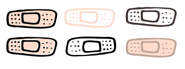 vector set of medical band-aids in different versions. hand-drawn outline of black and flesh-colored doodle-style band-aid, isolated elements on white phong for packaging design template