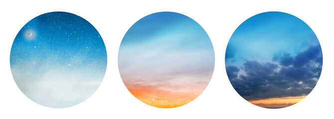 Romantic sunset sky background isolated on white background. Set