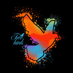 Bird watercolor. Multi-colored flying bird from blots. T-shirt print. Vector illustration
