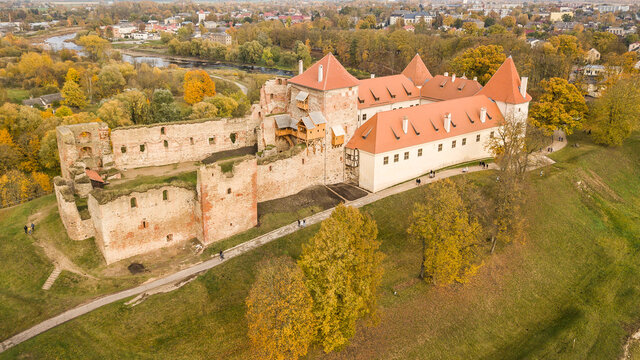 Bauska town aerial panorama with Bauska medieval castle