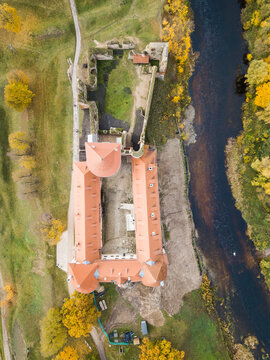 Bauska town aerial panorama with Bauska medieval castle