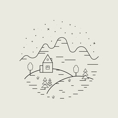 house in the forest, landscape icons or symbols drawn with contour lines on light background.  beautiful linear natural sceneries. Monochrome vector illustration in lineart style.