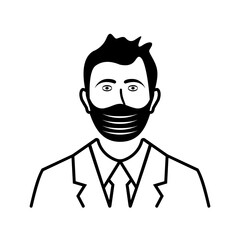 Obraz premium Black line icon man medical mask on face. Coronavirus Prevention covid-19.Vector illustration flat design. Close up portrait in protective respiratory mask. Isolated on white background.