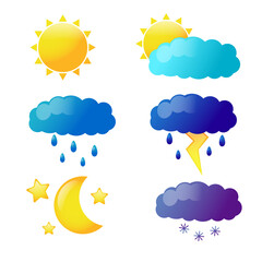 Vector weather icon set. Weather forecast set isolated on white background. illustration of cloud and sun, snow, lightning, Month, stars, thunderstorm 
