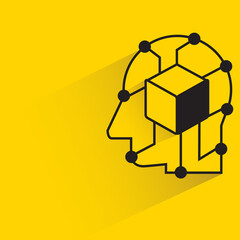 human head and cube for artificial intelligence concept drop shadow yellow background