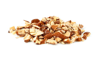 broken almonds natural roasted isolated on white background