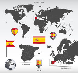 Spain administrative divisions map and Spain flags icon set