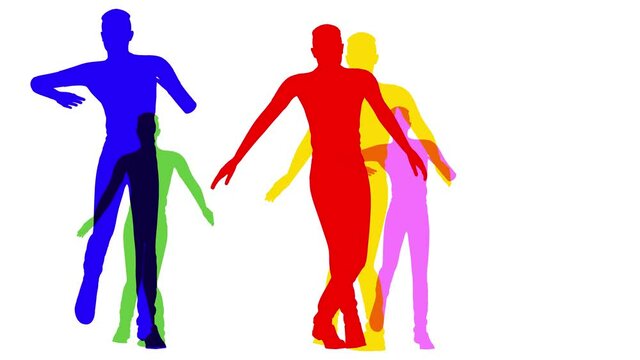 Colored silhouettes of hip-hop dancing on white background. digital illustration