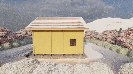 Winter cottage, villa, house, tiny house made of wooden blocks on the background of the hills. Color illustrated photorealistic picture with falling snow