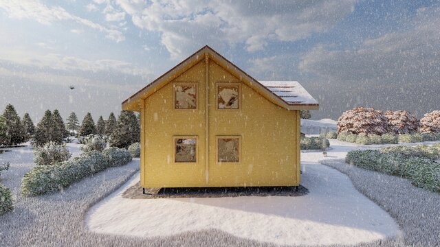 Winter cottage, villa, house, tiny house made of wooden blocks on the background of the hills. Color illustrated photorealistic picture with falling snow