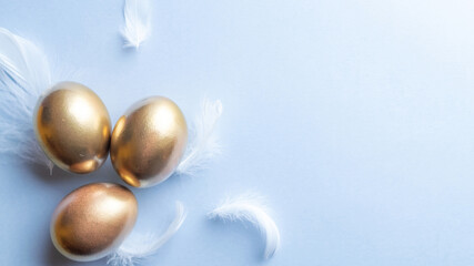 Golden easter colour eggs with white feathers on pastel blue background in Happy Easter decoration. Spring holiday top view concept.