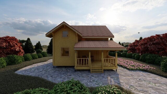 Cottage, villa, house, tiny house made of wooden blocks on the background of the hills. Color illustrated photorealistic picture