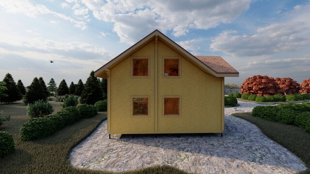 Cottage, villa, house, tiny house made of wooden blocks on the background of the hills. Color illustrated photorealistic picture