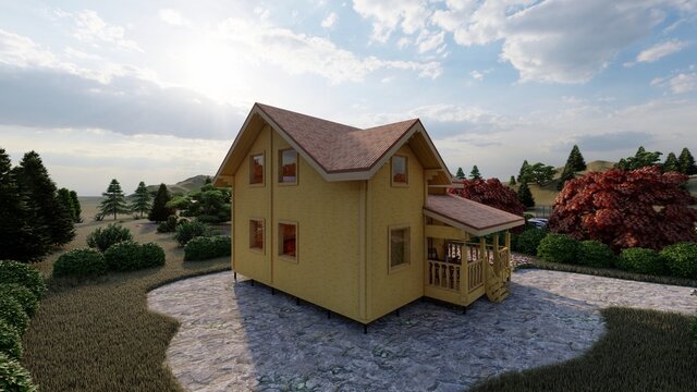Wooden cottage, villa, house, tiny house made of wooden blocks on the background of the hills. Color illustrated photorealistic picture for advertising materials