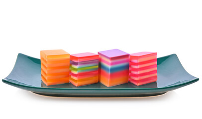 Thai Jelly Dessert, Rainbow Jelly. Colorful of Thai coconut jelly in the plate isolated on white background.