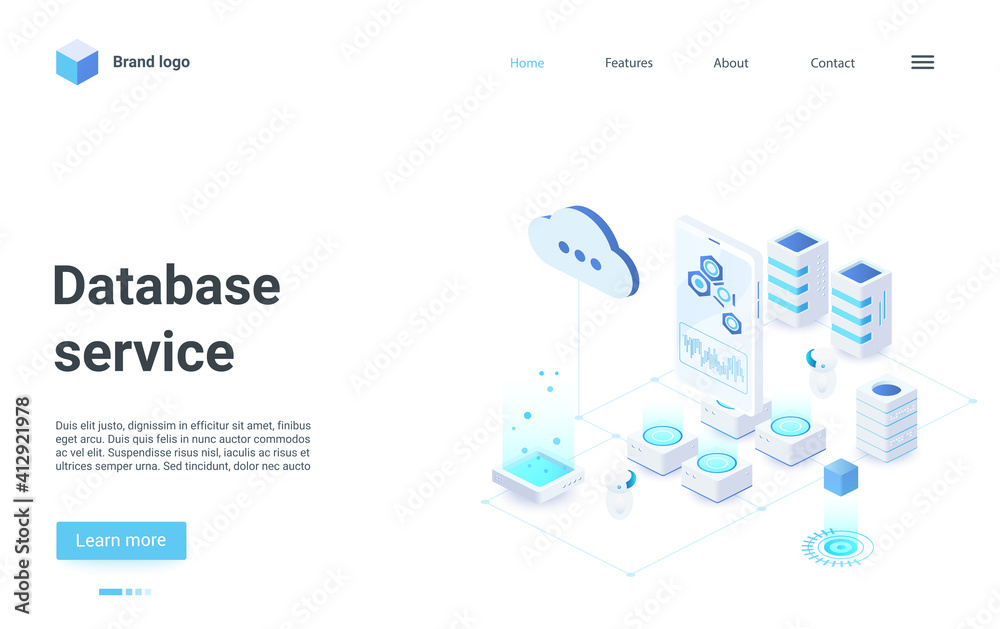 Aufkleber Database cloud service isometric vector illustration. Cartoon 3d internet service for exchange of information data files between mobile phone and cloud storage, database of servers landing page