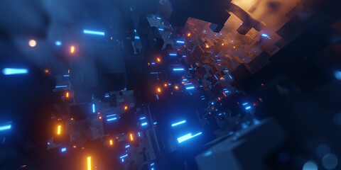 Flying in VR futuristic city. Sci-Fi scene with Orange and Blue lights. 3D render