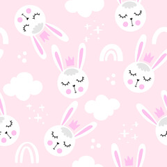 Bunny baby rabbit pattern design with bunny heads and cludy sky - funny hand drawn doodle, seamless pattern. Lettering poster or t-shirt Happy Easter design. Wallpaper, wrapping paper, background.