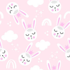 Obraz premium Bunny baby rabbit pattern design with bunny heads and cludy sky - funny hand drawn doodle, seamless pattern. Lettering poster or t-shirt Happy Easter design. Wallpaper, wrapping paper, background.