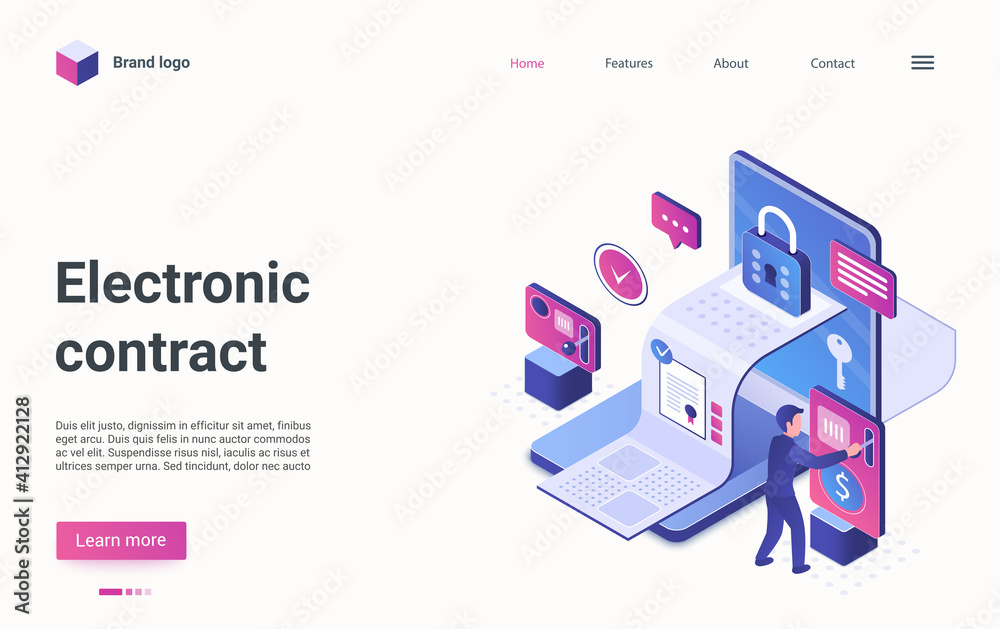 Poster electronic contract digital technology isometric vector illustration. cartoon 3d certified report do
