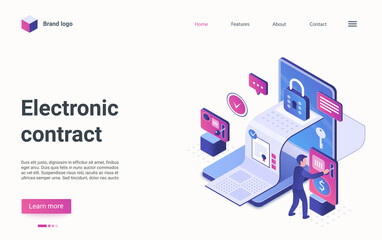 Electronic contract digital technology isometric vector illustration. Cartoon 3d certified report document with signature about payment and tiny character paying, data security protection landing page