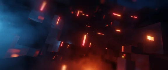 Fotobehang Bruin Futuristic city or VR world. dark industrial and low light scene. Abstract digital virtual city. Scanning city for hackers attack concept. 3D render  © Quardia Inc.