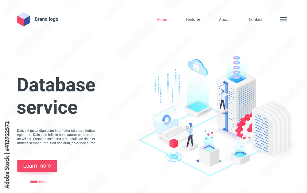 Poster Database management service isometric vector illustration. Cartoon 3d admin programmer people work with laptop or hardware equipment, manage data information on computer disks or server landing page