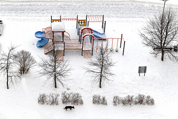 City landscape. Moscow playground in winter during snowfall. Russia