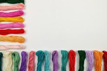Multicolored embroidery threads on the white background