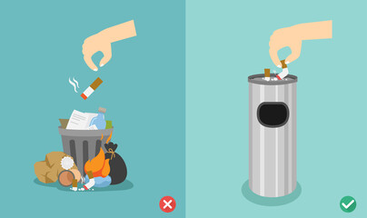 Do not throw cigarette butts on the floor,wrong and right.vector illustration © Jehsomwang