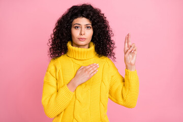 Photo of serious confident wavy lady dressed sweater arm chest swear to be honest rising two...