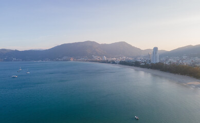 Phuket Thailand After Covid-19. Aerial view Beach sea and city at beach. Patong Beach Thailand.