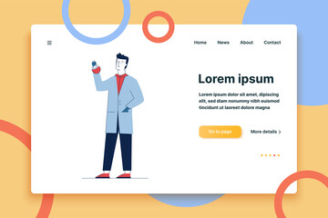 Lab assistant holding chemical flask. Man wearing white coat, scientist, chemist flat vector illustration. Medicine, laboratory, test concept for banner, website design or landing web page