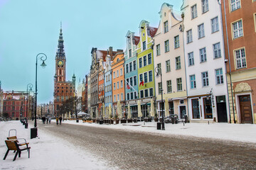 Town hall and beautiful tenement houses in the old town of Gdansk, Poland 